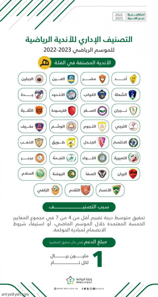 «دعم الحوكمة».. تصنيف الأندية على 6 فئات